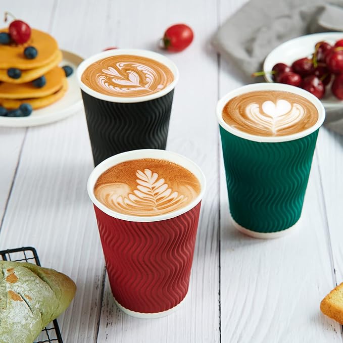 MUCHII 12 oz Paper Coffee Cups, 120 Count Multicolor Disposable Insulated Ripple Paper Cups for Tea Hot Chocolate