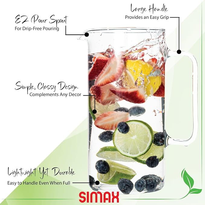 Simax Glass Pitcher, 32 Ounce (1 Quart) Borosilicate Glass, Hot and Cold Safe Iced Tea Pitchers for Drinks, Made in Europe Glass Water Pitcher, Cocktail Jug, Lemonade, Sangria