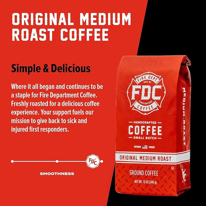Fire Department Coffee - Gives Back to Firefighters - Original Medium Roast Ground Coffee - Balanced & Smooth - Roasted in the USA - Veteran Owned (12 oz, Pack of 2)