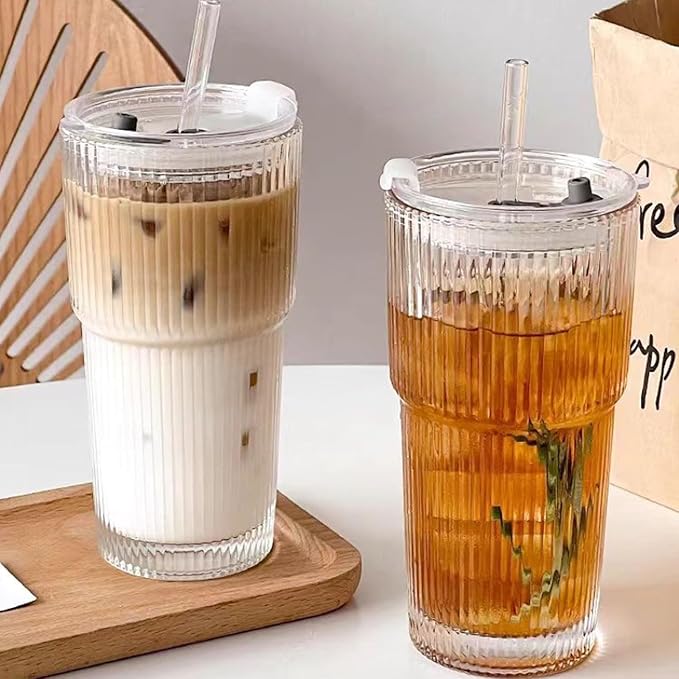 2 Pack Iced Coffee Cup with Lids, 20oz Clear Glass Tumbler with Straw & Lid, Ribbed Glassware Cups, Dishwasher Safe Drinking Glasses, Stylish Glass Cups for Coffee, Juice, Tea, Matcha
