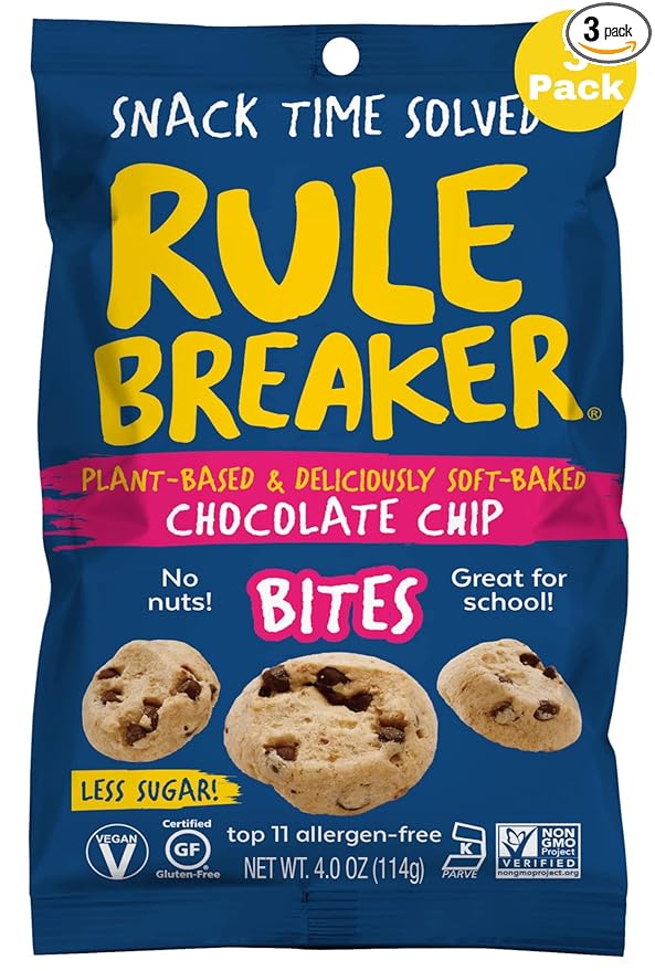 Rule Breaker Vegan & Gluten-Free Cookies | Chocolate Chip Bites | Plant-Based, Dairy, Nut, Soy, Allergen Free, Kosher | Great for School, Lunchbox, Office, Pantry | Soft-Baked, Better-For-You Cookie Bites (Pack of 3)
