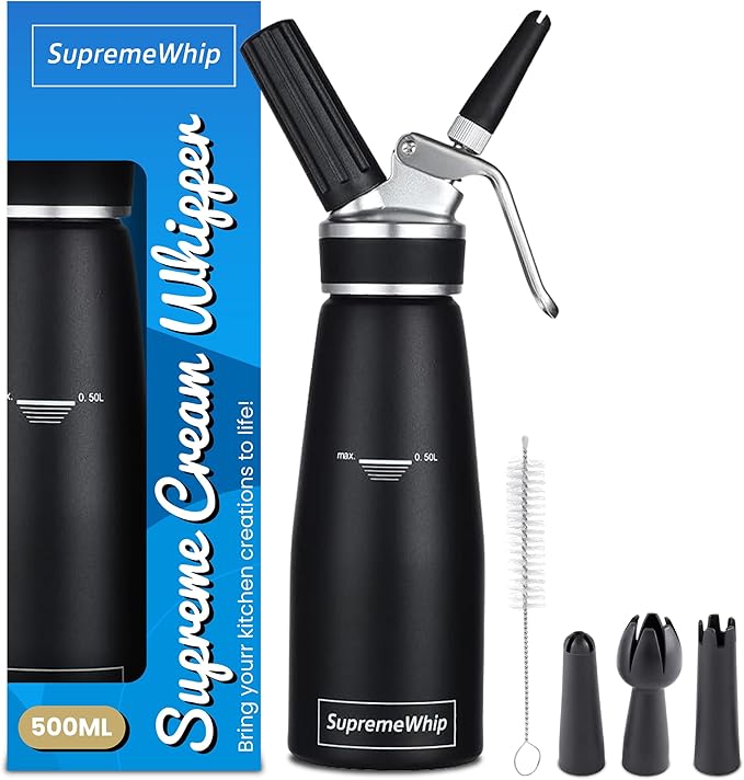 PRO Cream Dispenser, Durable High-Grip, Metal Lid with Rubber, 3 Nozzles, for Hot/Cold Use, Cleaning Brush Included, Black - 500 ml / 1 Pint