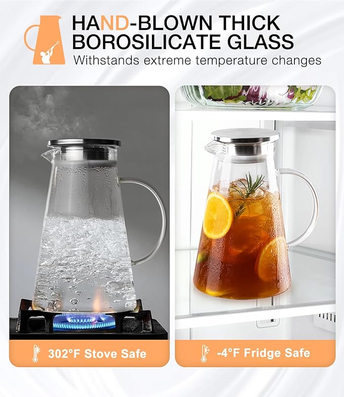 Glass Pitcher with Lid and Handle, 2 Liter 68oz Water Pitcher with Spout for Fridge, Borosilicate Glass Jug for Hot/Cold Drink, Large Ice Tea Carafe for Juice, Coffee, Sangria, Beverage
