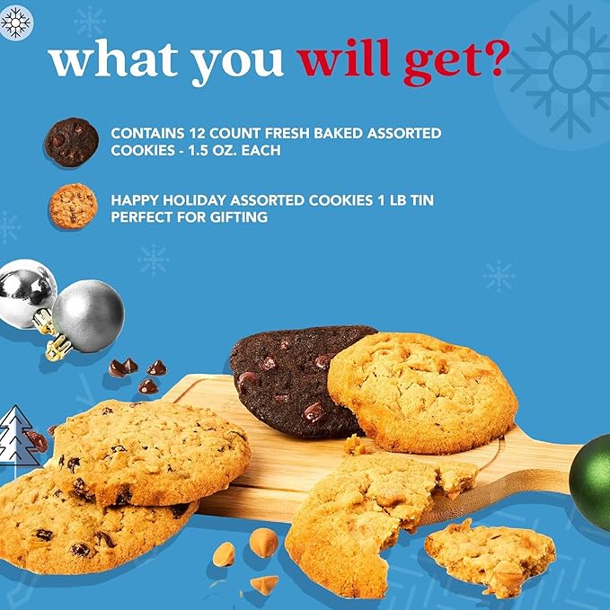 David’s Cookies Happy Holidays Assorted Cookies Gift Tin – 1lb Soft and Gourmet Christmas Cookies Tin – Freshly Baked Holiday Cookies Gift Basket - All Natural and Handmade Christmas Cookies