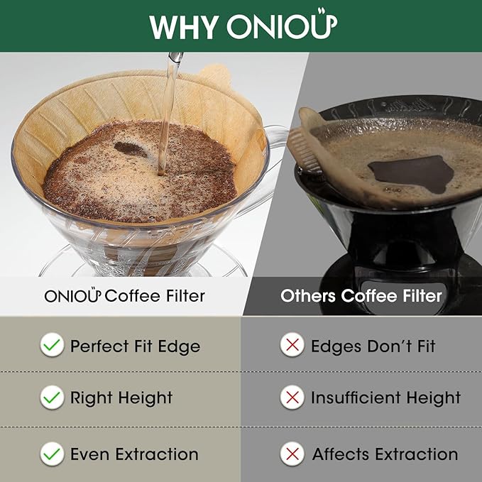 V60 Coffee Filters 02, ONIOU Unbleached Size 02 Cone Coffee Filters, 200 Count Natural Brown Pour Over Paper Filters for Hario V60 & Others 1–4 Cup Coffee Dripper