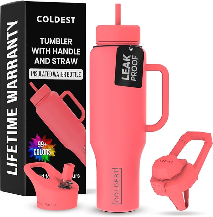 Coldest 40 oz Tumbler with Handle and Straw - 100% Leak Proof Insulated Tumbler with Lid and Straw (3 Lids) - Stainless Steel Tumblers for Women & Men - Cup Holder Friendly Base, 46 oz (The Cardinal)