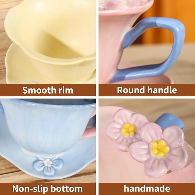 Floral Tea Cups and Saucers, Ceramic Cute Coffee Mug for Women Tea Party, Cappuccino Latte Milk (Blue)