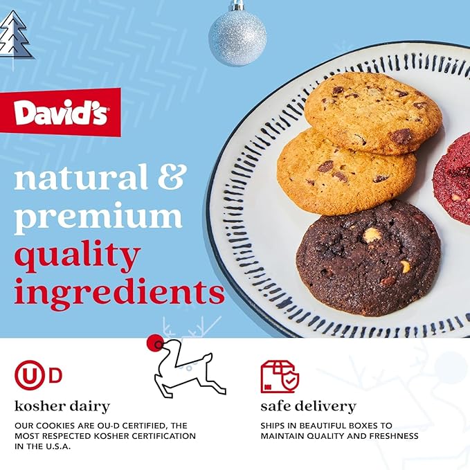 David's Cookies Christmas Cookies Gift Box 24 Pack, Fresh Baked Assorted Mini Cookies in Winterwonderland Tin with Chocolate Chip, White Chocolate Chip & Red Velvet - Gourmet Holiday Food Gift Basket