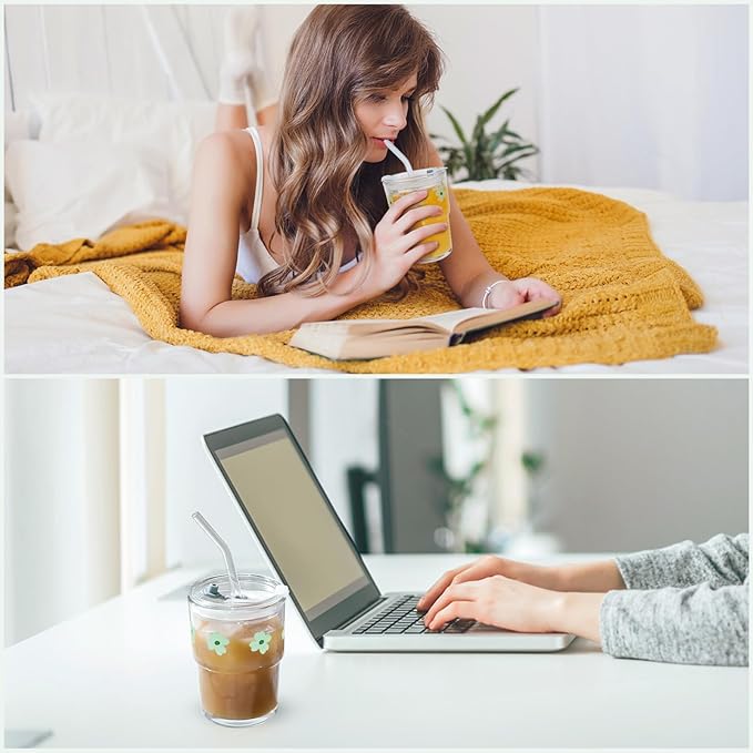 Iced Coffee Cup, 15Oz/450ml Glass Cups With Lids And Straws, Iced Coffee Glasses Tumbler, Thick Wall Glass Mug For Tea Water With 2 Straw, Coffee Tumbler Gifts