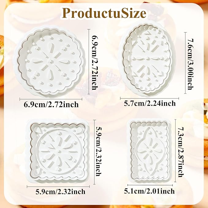 Cookie Stamps Baking Molds 4 Shapes, Biscuits Cutters, 3D Patterns Impression Embosser, Cookies Plunger Stamp, Homemake Bakeware DIY, Pastry, Bakery Desserts, Children Adults