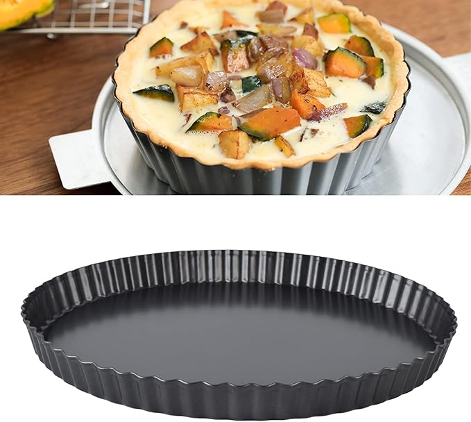 Fluted Tart Pan with Removable Bottom, Carbon Steel Round Tart Pan, Deep Baking Dish Pie Plate for Cakes Pies ([Thickened] 13-inch live bottom pie plate)