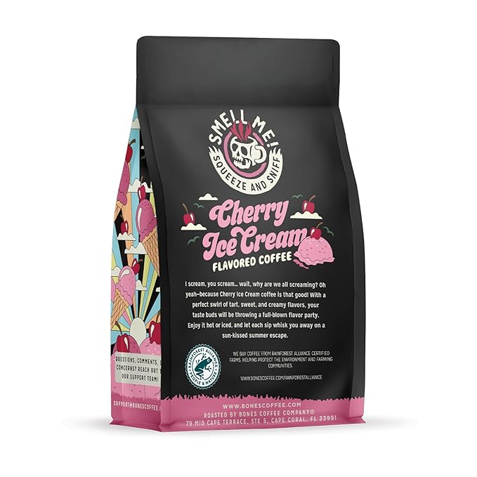 Bones Coffee Company Cherry Ice Cream Flavored Coffee, Medium Roast Low Acid Arabica Beans Compatible with Auto drip and French Press Coffee Maker, 12 Oz Ground