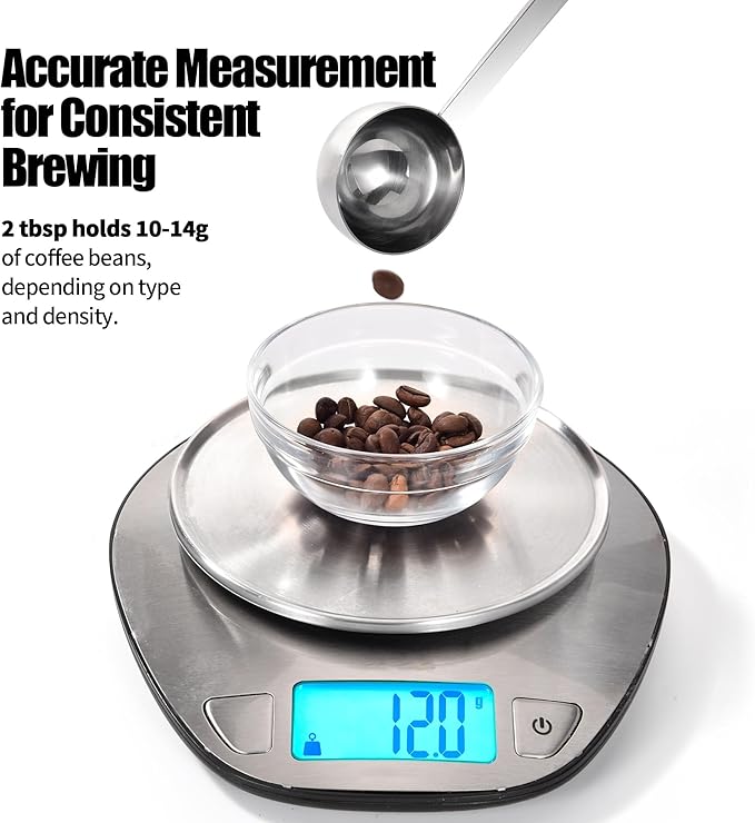 18/8 Stainless Steel Coffee Scoop, Doosu Food-Grade Metal Measuring Spoon with 8.5in Long Handle, Tablespoon Scooper for Coffee Beans, Ground Coffee, Espresso, Protein Powders, Tea, Sugar (2 Tbsp)