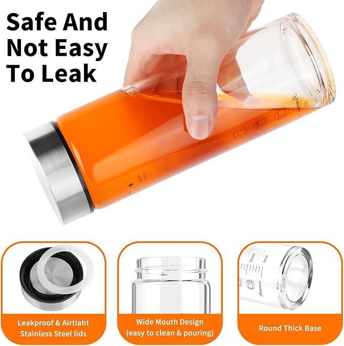 Glass Juice Bottles 4 Pack 16 oz - Wide Mouth Glass Water Bottles with Lids - for Juicing, Protein, Smoothie, Milk, Reusable, BPA Free, Stainless Steel Lids, Blender, Shaker Bottle (16oz/500ml)