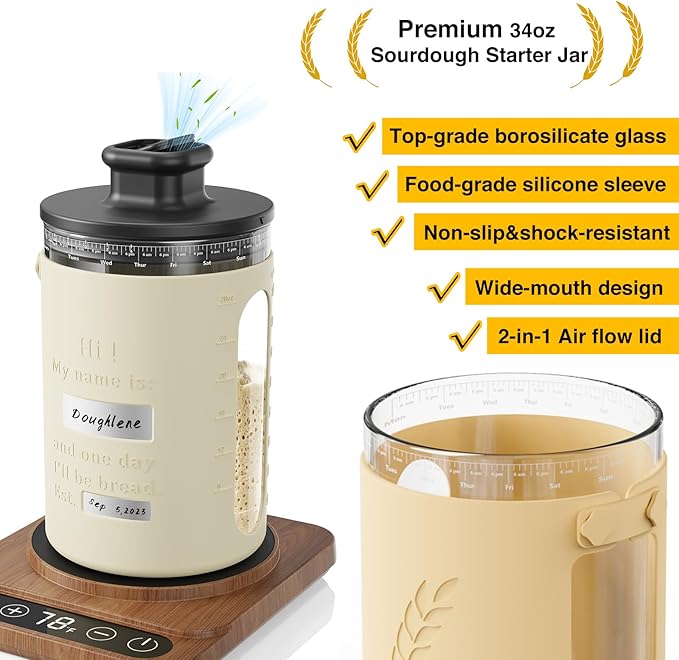 Sourdough Starter Warmer with Sourdough Starer Jar Set, Personalized 34oz Large Glass Fermentation Jar with Silicone Sleeve, Auto On/Off, 12H Timer – Ideal for Winter Home Baker