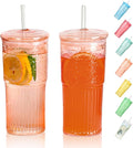 20 OZ Glass Cup with Lids and Glass Straws, High Borosilicate Iced Coffee Glass Tumblers with Lid and Straw for Drinks, 2pcs Reusable Wide Mouth Smoothie Cup(Orange)