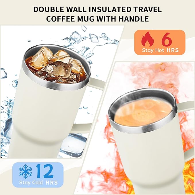 20oz Insulated Tumbler with Handle Stainless Steel Travel Coffee Mug with Lid and Straw Double Wall Vacuum Leak-proof Reusable Thermal Water Cup for Hot and Cold Drinks (Cream,1 Pack)
