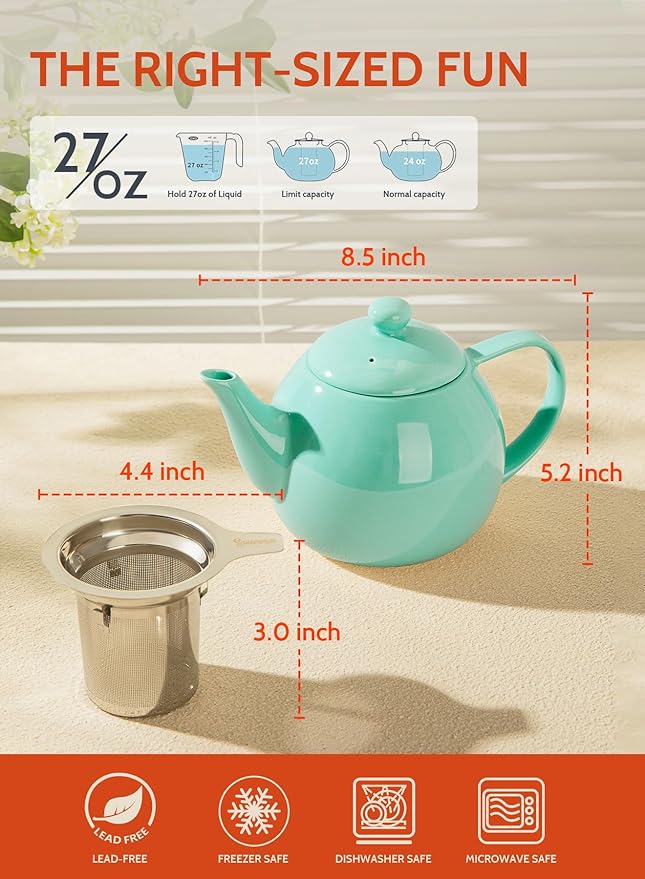 Sweese Teapots for Tea, 27 oz Porcelain Tea pot with Removable Stainless Steel Infuser, Tea Pots for Loose Tea - Mint Green