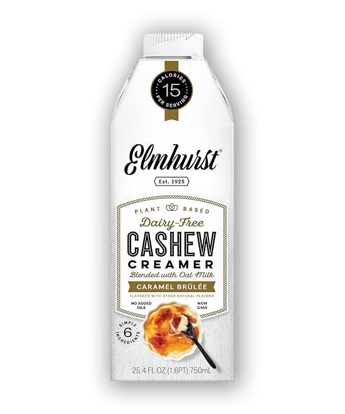 Elmhurst 1925 Caramel Brulee Cashew Creamer - Dairy-Free, Vegan, Kosher, Low Sugar, Shelf Stable Creamer Made with Cashew & Oat Milk for Healthier Coffee, Latte and Smoothies - 25.4 Ounce (Pack of 6)