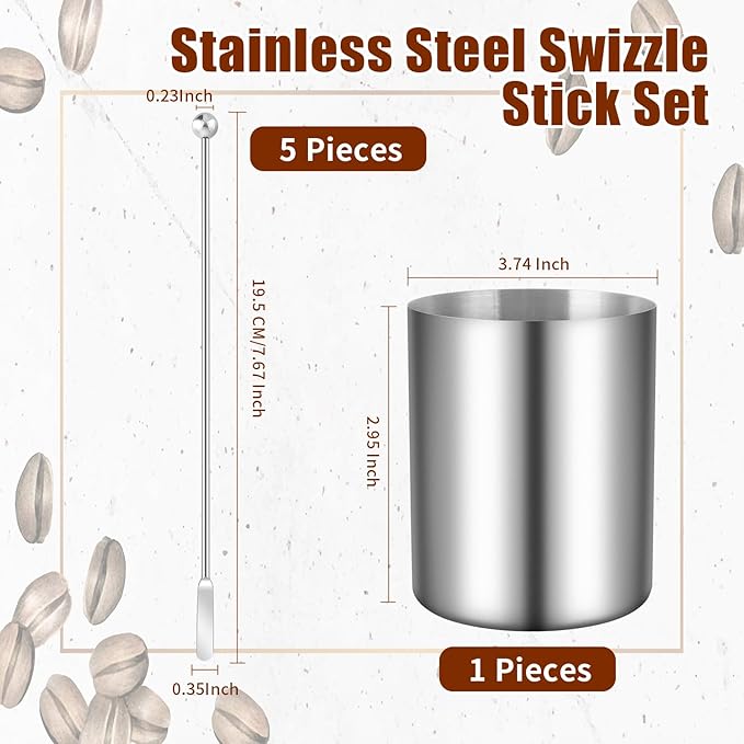 5 Pieces 7.4 Inch Stainless Steel Coffee Stirrers Holder Stainless Steel Swizzle Stick Coffee Stirrers Reusable Stir Sticks for Cocktails Coffee Whiskey