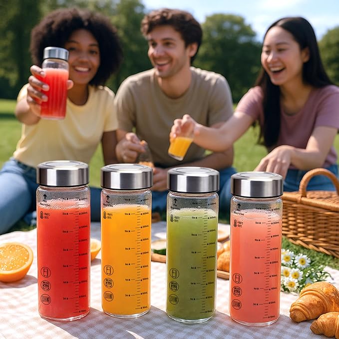 16oz Glass Water Bottles with Lids, 4 Pack Reusable Wide Mouth Juice Bottles with Stainless Steel Caps, Leakproof Borosilicate Glass for Juicing, Smoothies & Storage, BPA-Free,Dishwasher Safe