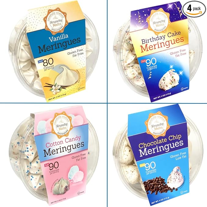 4 Pack Krunchy Melts Original Meringue Cookies | Fantastic Four 4-Pack | Vanilla, Birthday Cake, Cotton Candy, Chocolate Chip | Only 80-90 Calories Per Serving | Low Fat/Fat Free, Gluten Free, Dairy Free (4 Oz)