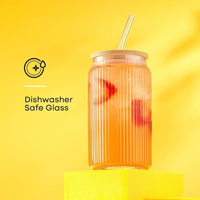 JoyJolt Fluted Glass Tumblers with Bamboo Lids and Glass Straws, Ribbed Can Shaped Drinking Glasses Set of 4, 16oz Cup with Lids and Straws, Iced Coffee Cups, Cocktail/Beer Glasses, Tea Cups