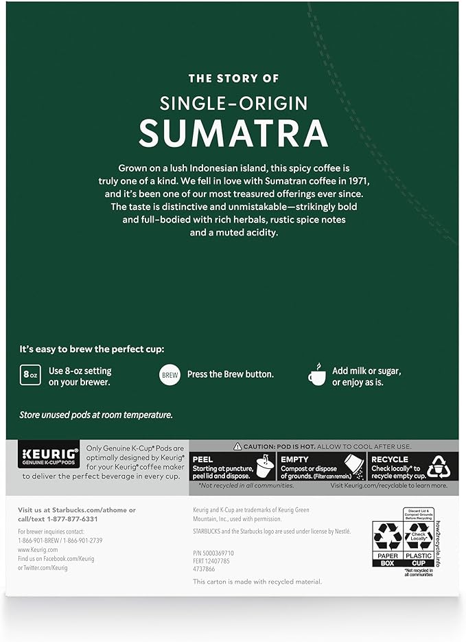 Starbucks K-Cup Coffee Pods, Dark Roast Coffee, Sumatra, 100% Arabica, 1 box (32 pods)