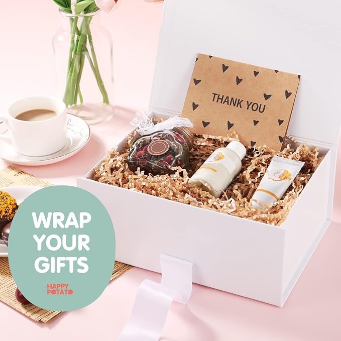 HAPPY POTATO Gift Box for Presents with Ribbon 9x6.5x3.8 Inches, White Gift Box with Lid, Bridesmaid Proposal Boxes (Glossy White)