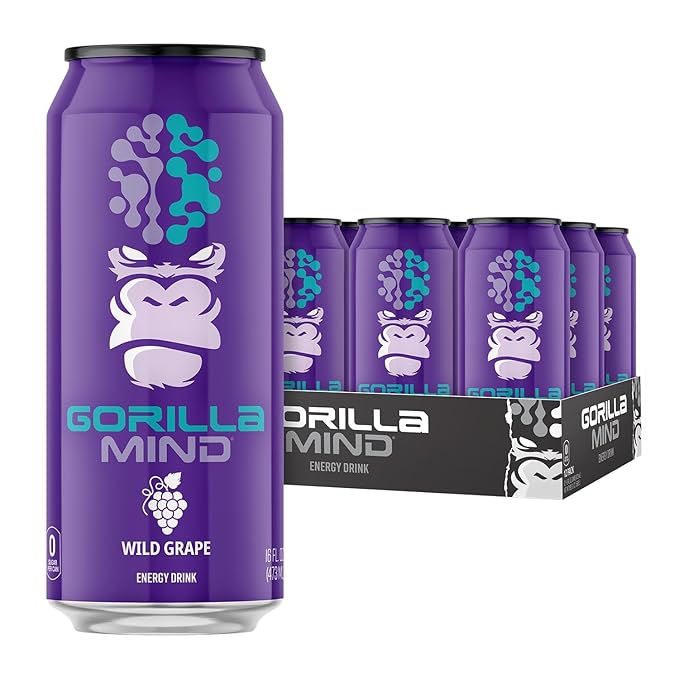 Gorilla Mind Energy Drink | Unmatched Energy · Amplified Focus | N-Acetyl-L-Tyrosine, Alpha-GPC, 200mg Caffeine, Uridine, Saffron | 0 Sugar Or Artificial Colors | 16oz, 12-Pack (Wild Grape)