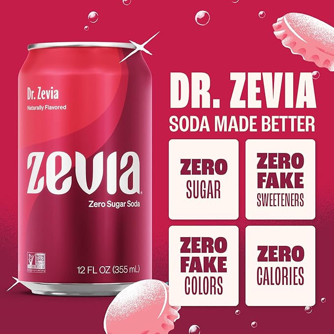 Zevia Zero Sugar Soda, Dr. Zevia, 12 oz Cans (24-Pack) – Naturally Sweetened, Zero Calorie Sugar Free Soda - Non-GMO Project Verified, Gluten-Free, Vegan