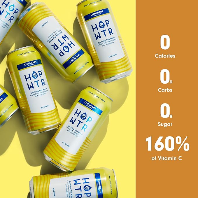 HOP WTR - Sparkling Hop Water - Lemonade (12 Pack) - No Calories or Sugar, Low Carb and Added Benefits (16 oz Cans)