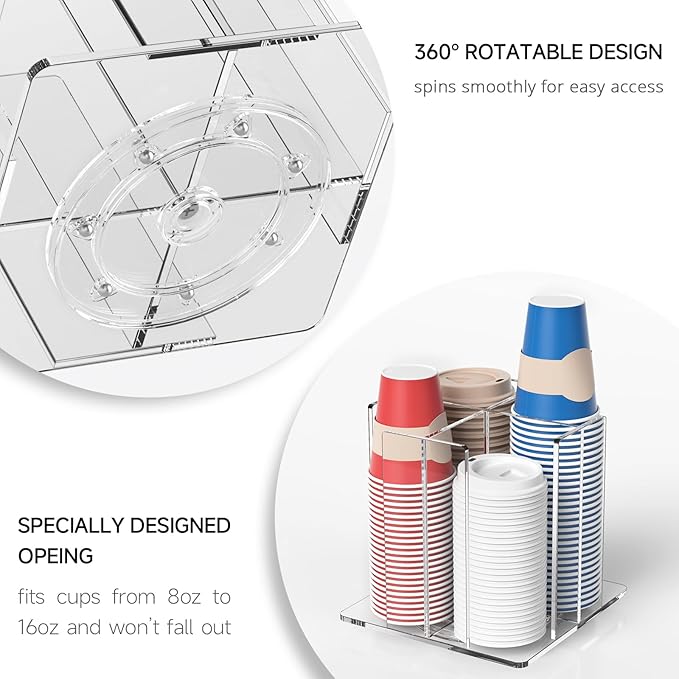 Cup and Lid Holder, 4 Compartment, Square | Rotating Coffee Cup Dispenser Lid Carousel for Restaurant, Buffet, Coffee Station, Bar, Countertop, Clear Acrylic