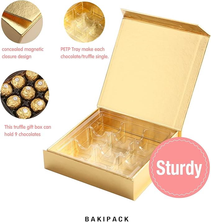 BAKIPACK 6 Truffle Boxes, Chocolates Boxes, Gold Truffle Gift Boxes Packaging with 9-Piece Plastics Tray, Magnetic Closure Lid 5.7x5.7x1.3 Inches