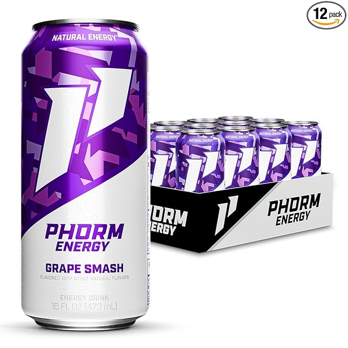 Phorm Energy Drink, Grape Smash Flavor, 200 MG Natural Caffeine From Green Tea, Sugar Free Carbonated Drink With Electrolytes & Vitamin B12, Dairy & Gluten Free, Vegan, 16 FL Oz Cans, 12 Pack