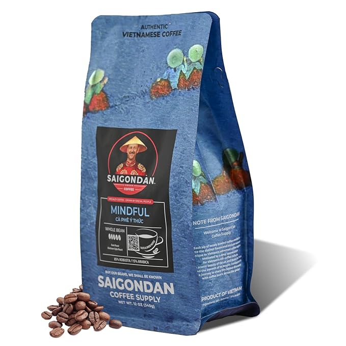 Vietnamese Coffee Beans - Saigondan Mindful | Dark Roast | Vietnamese Robusta & Arabica Blend | Vietnamese Single Origin | Roasted in Small Batch | Direct Trade | No Preservatives | 12 Oz