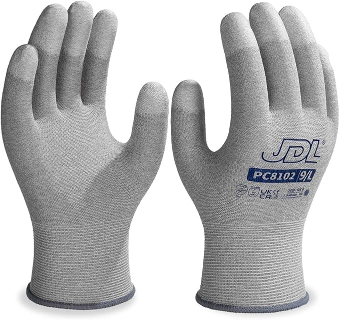 JDL ESD Work Gloves, Anti-Static Gloves for PC Building, Computer Installation & Repair, High Resistance Carbon Fiber Gloves, 6 pairs, Small