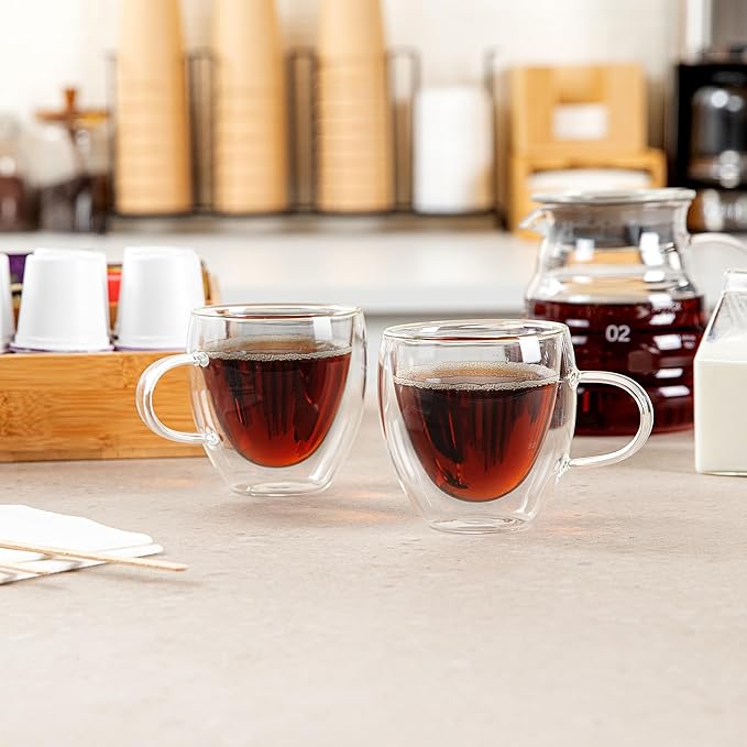 Restaurantware-Forma Professional 5.1 Ounce Glass Coffee Cups, 2 Insulated Coffee Cups With Handle - Dishwashable, Reusable, Clear Double Wall Beverage Tumblers, Freezable, For Hot Or Cold Beverages