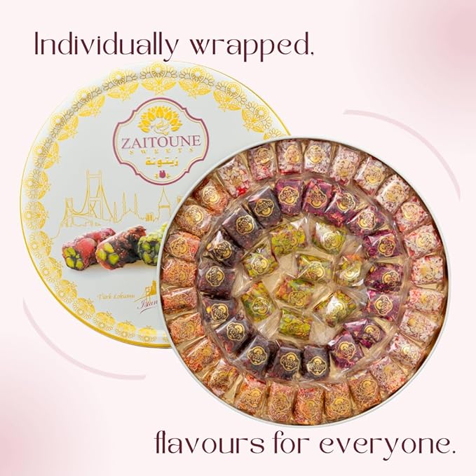 Zaitoune Turkish Delight Mix - 22 oz | Luxury Coatings of Pomegranate, Pistachio, Coconut, Kataifi & Rose | Authentic Lokum Sweet Assortment in a Beautiful Gift Tin | Handmade & Individually Wrapped