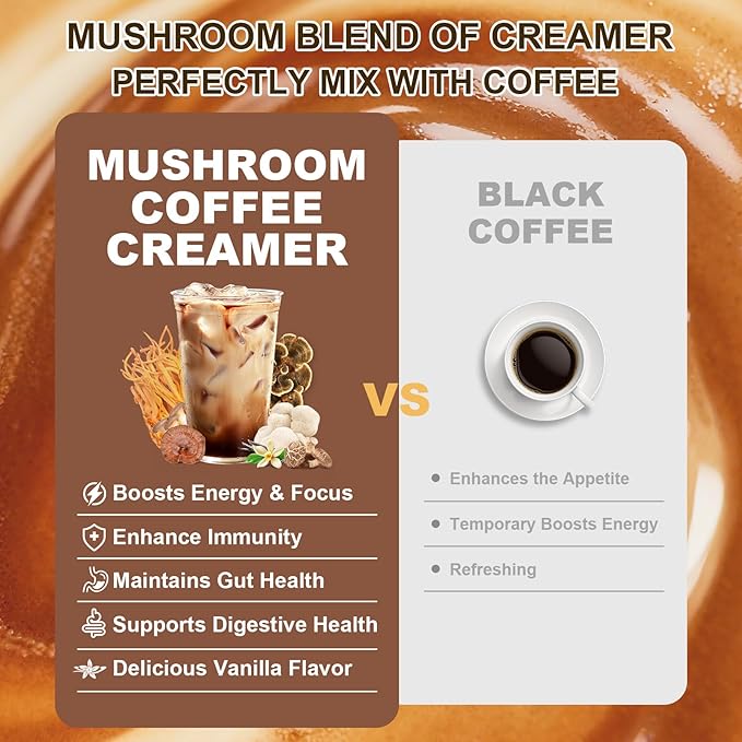 Bunkell Mushroom Coffee Creamer, Adaptogenic 6 Mushrooms with Lion's Mane, Reishi, Cordyceps, Shiitake, King Trumpet, Turkey Tail, Probiotics Creamer for Energy, Focus & Digestion Support, 30 Servings