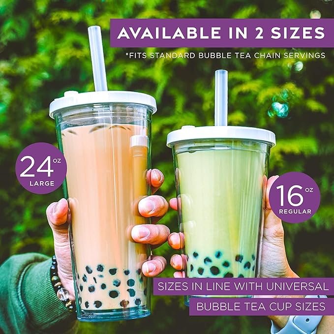 Reusable Boba Cup for Regular Size Bubble Tea (16 Oz), Angled Straws, Leak Proof Design, Double Wall Insulated Bubble Tea Cup