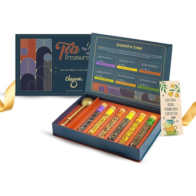 CHAYAM 6 Tube Tea Gift Set | Herbal & Green Loose Leaf Teas in Glass Tubes & a Lead-Free Brass Infuser | Chamomile, Mint, Cinnamon, Turmeric, Lavender & Himalayan Green
