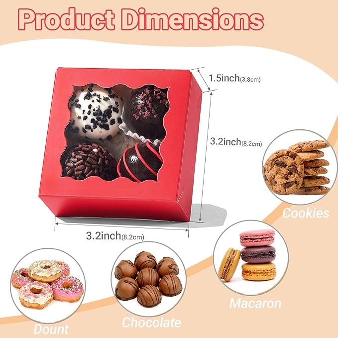 SLShePack 3.2x3.2x1.5 Inches 100PCS Chocolate Truffle Boxes Mini Bakery Boxes with Window for Cookies,Soap,Donut, Macaron,Brownie(Red)