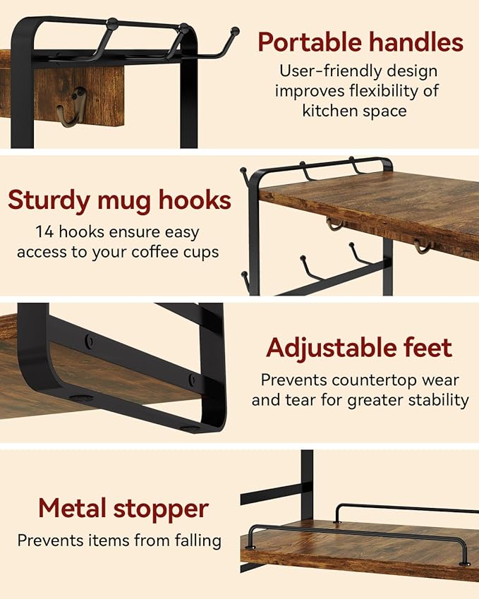IBUYKE Coffee Bar Station Countertop Organizer,2 Tier Kitchen Mug Cup Holder Stand,Wooden Coffee Mug Organizer with 18 Hooks,Multifunctional Mug Tree for Home Kitchen, Office,Vintage Brown UTBJ006H