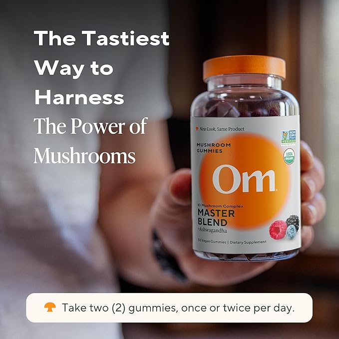 Om Master Blend Mushroom Gummies - Organic Mushroom Supplement with 10 Mushrooms and Ashwagandha – Support Immunity, Gut Health & Stress Relief, 56 Count (28 Servings), Mixed Berry Flavor