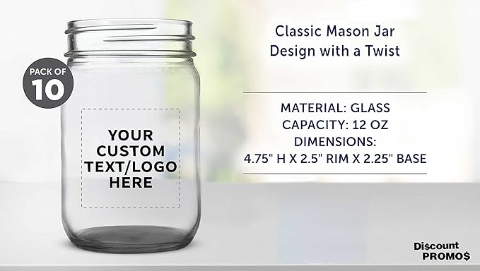 DISCOUNT PROMOS Custom Decorating Mason Jars 12 oz. Set of 10, Personalized Bulk Pack - Glass Jars for Overnight Oats, Candies, Fruits, Pickles, Spices, Beverages - Black