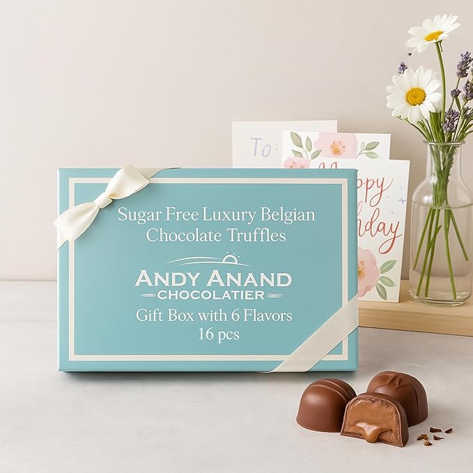 Andy Anand Chocolatier Sugar Free Belgian Dark Chocolate Truffles - Gluten Free & Diabetic-Friendly Chocolate Truffles Gift Box, Assorted Flavors Belgian Truffles With Guilt-Free Indulgence (16 Pcs)