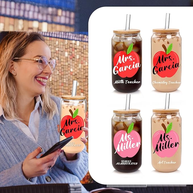 Personalized Tumbler with Name for Teacher- Glass with Lids and Straws-18OZ Iced Coffee Cups with Lids, Cute Glass Cups, Teacher Appreciation Gifts