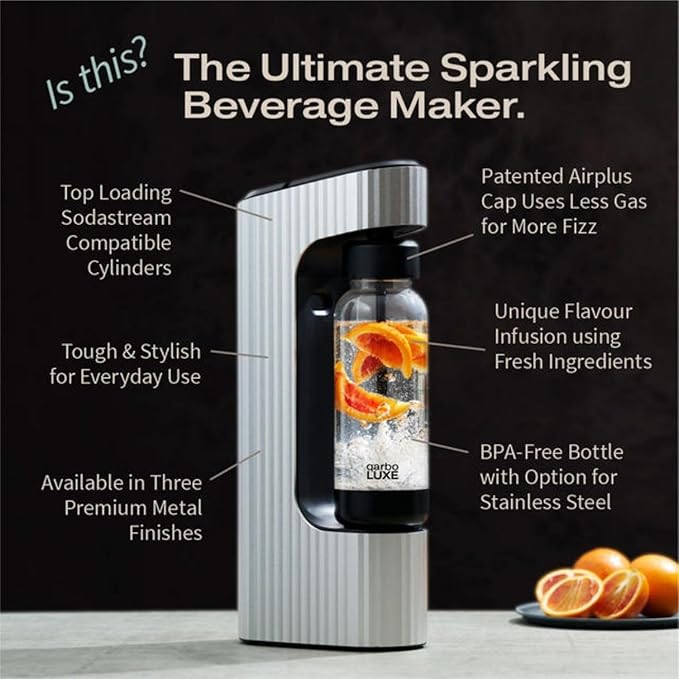 Twenty39 Qarbo LUXE Sparkling Water & Beverage Maker, Wide-Mouth 1L Bottle, Metal Body (Tuscan Gold) | Carbonate Water, Infusions & Low-Sugar Drinks | Easy-Clean Care, Reusable Bottle