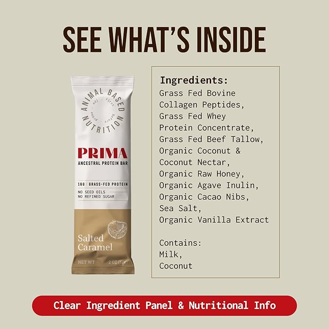 PRIMA ANCESTRAL PROTEIN BAR Grass Fed Protein Bars, 7 Pack – Animal-Based Protein Bar with Beef Tallow, Raw Honey, Seed Oil Free, Low Carb, Gluten-Free – Healthy, Energy Snacks for Clean Lifestyle (7 Pack, Salted Caramel)